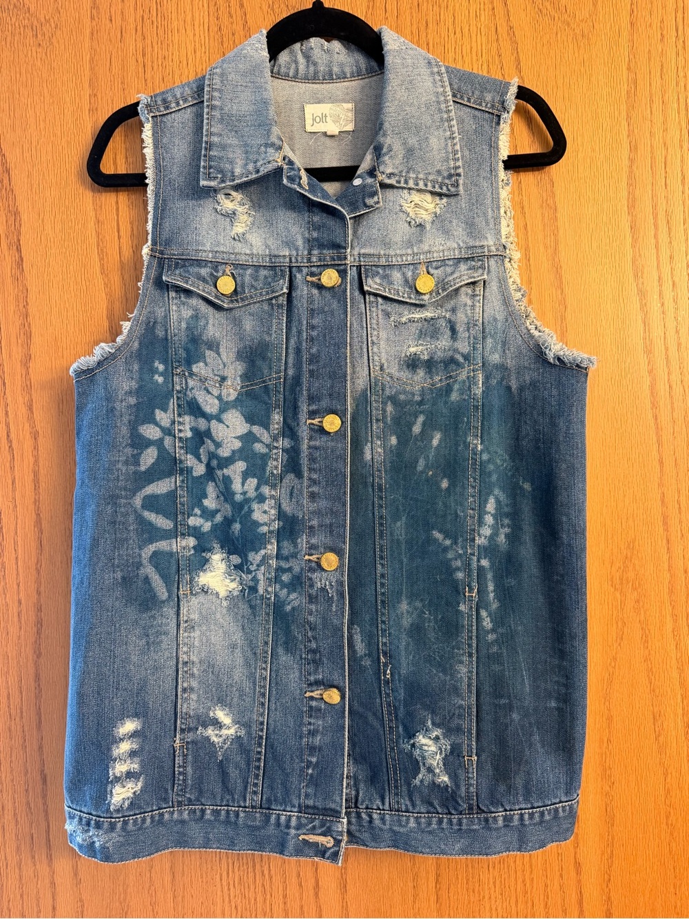 Jolt Washed Blue Distressed Floral Denim Vest, Sizw Medium